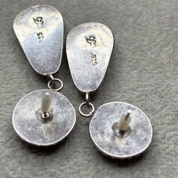 Vtg 925 Silver Mother Of Pearl Onyx Drop Earrings Sante Fe Origin Southwestern - Picture 2 of 12